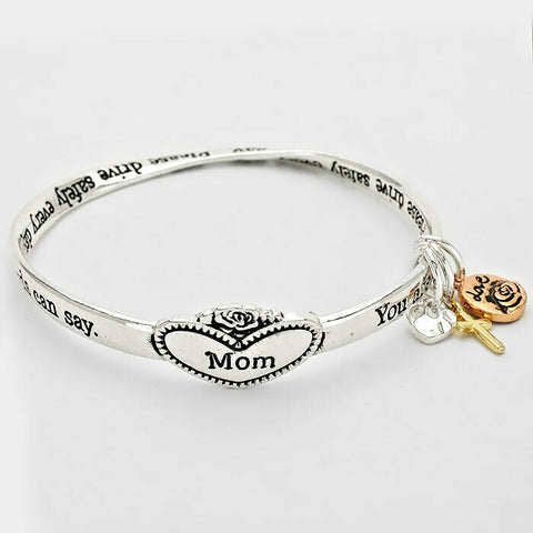 Mom Bracelet Mother Bangle Heart Flower Special Words Blessed Religious SILVER - PalmTreeSky