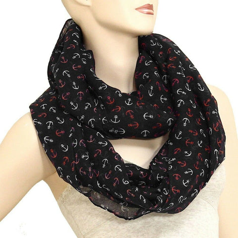 Anchor Scarf Nautical Print Lightweight Nautical Black Red Wht Sail Boat 30x70" - PalmTreeSky