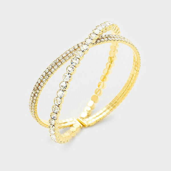 Crisscross Bangle Bracelet Thin Rhinestone Cuff GOLD Celebrity Style Event - PalmTreeSky