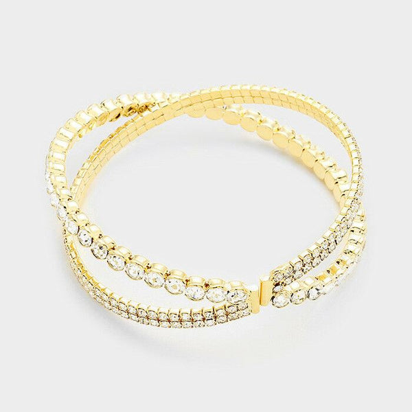 Crisscross Bangle Bracelet Thin Rhinestone Cuff GOLD Celebrity Style Event - PalmTreeSky