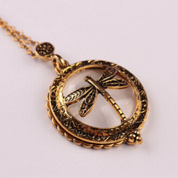 Dragonfly Necklace Magnifying Glass Small Charm GOLD Chain Flower Floral Antique - PalmTreeSky