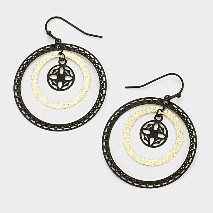 Filigree Earrings Hoop Earrings Two Tone Layered Hoop 1.75"Drop BLACK GOLD - PalmTreeSky