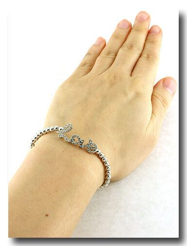 Love Bracelet Ball Beaded Stretch Rhinestone Script Always Forever Silver - PalmTreeSky