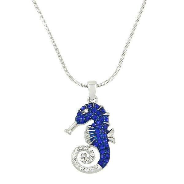 Seahorse Necklace Pave Rhinestone Crystals Pendant Charm Sea Horse SILVER BLUE - PalmTreeSky