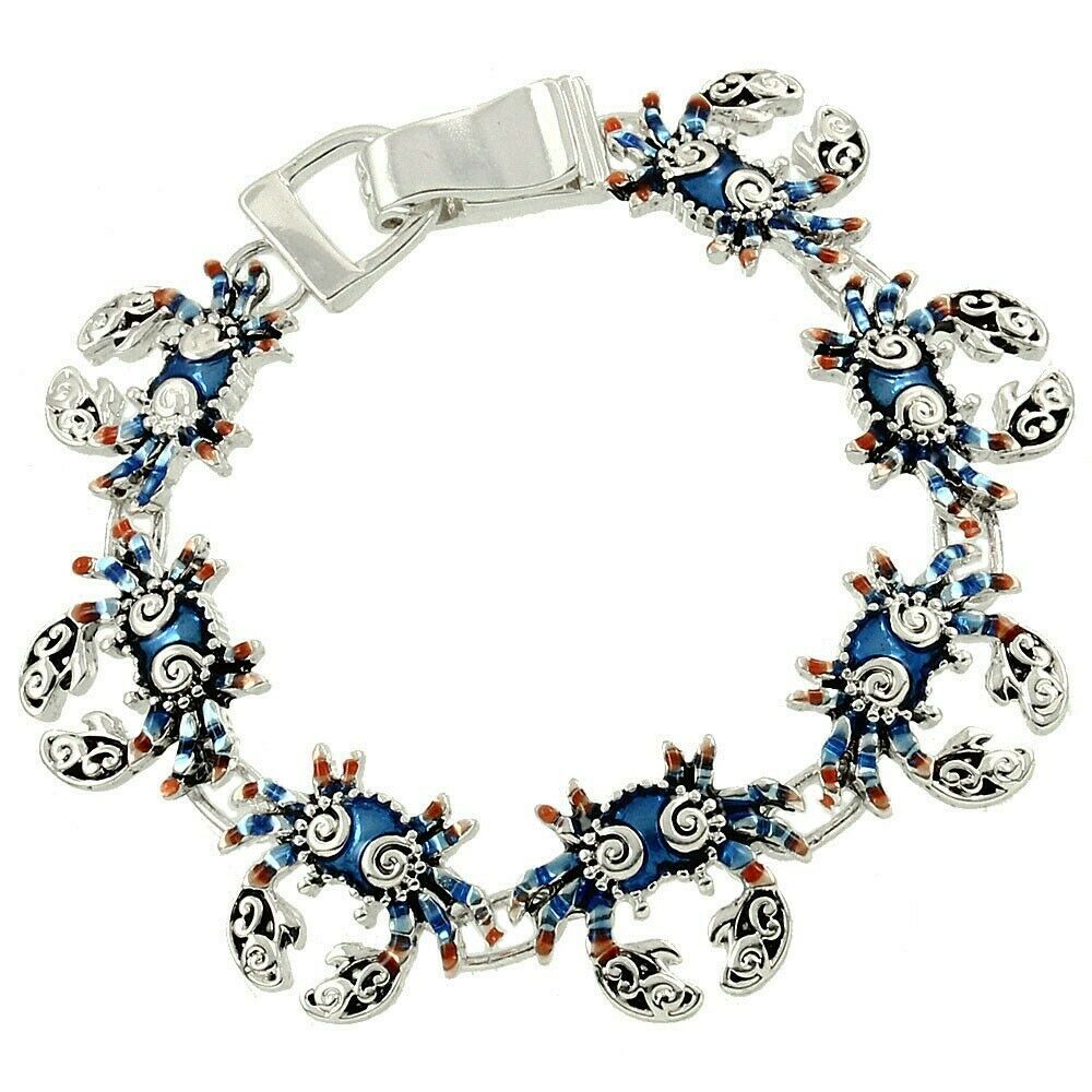 Crab Bracelet Magnetic Clasp Chain Enamel Metal Shell Claw Sand SILVER BLUE 7.5" - PalmTreeSky