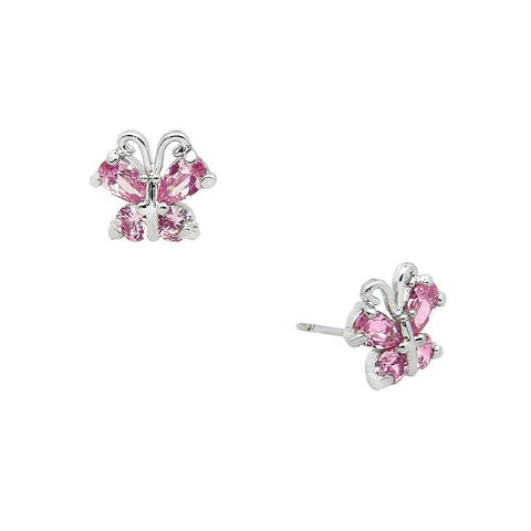 Butterfly Earrings Tiny Studs Posts Cubic Zorconia CZ Spring Summer SILVER PINK - PalmTreeSky