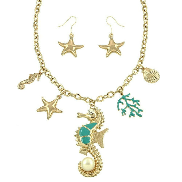 Sea Horse Necklace Earrings SET Statement Pearl GOLD TURQUOISE Starfish Coral - PalmTreeSky