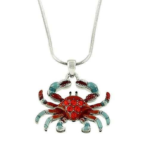 Crab Necklace Charm Pendant Metal Shell Sea Life Claw Sand 1" SILVER BLUE RED - PalmTreeSky