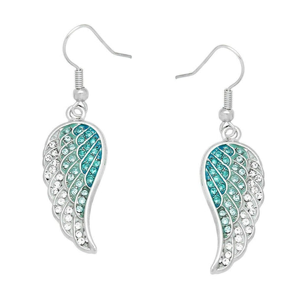 Angel Wing Earrings Pave Rhinestone SILVER AQUA Drop Dangle Faith Hope Jewelry - PalmTreeSky