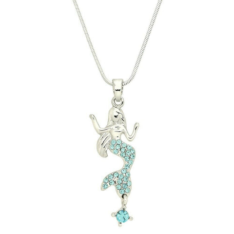 Mermaid Necklace Crystal Charm Rhinestone Beach SeaLife Surf Jewelry SILVER AQUA - PalmTreeSky