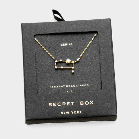 Secret Box Zodiac Necklace Tiny Pendant GEMINI Sign Celestial 14k Gold Dipped - PalmTreeSky