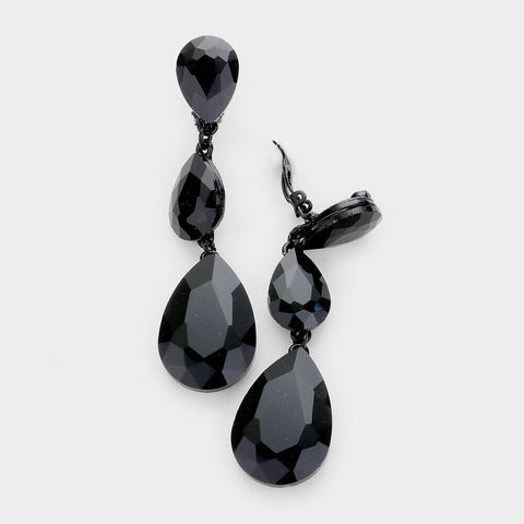 Clip On Earrings Crystal Triple Teardrops Clip ons Clip-On 3" Long BLACK Jewelry - PalmTreeSky