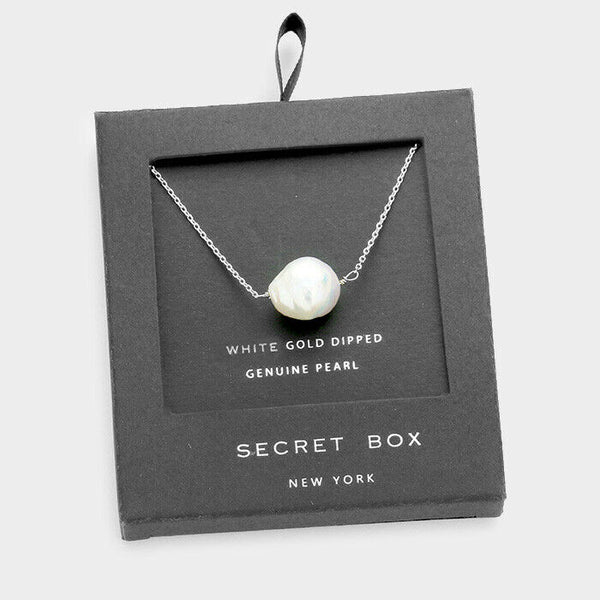 Pearl Necklace Tiny Delicate Secret Gift Box WHT GOLD DIPPED Pendant Small - PalmTreeSky