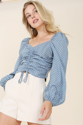 LiLou Ruched polka dot crop top with puff sleeves