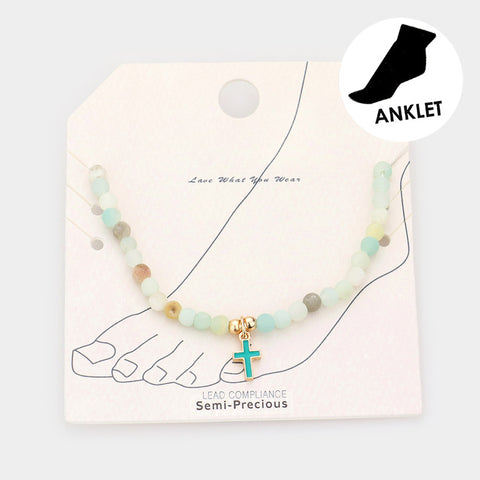 Ankle Bracelet Beaded Anklet Stone Beads Beach Enamel CROSS Charm MINT Jewelry - PalmTreeSky