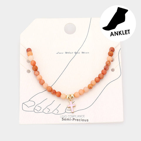 Ankle Bracelet Beaded Anklet Stone Beads Beach Enamel CROSS Charm PINK Jewelry - PalmTreeSky