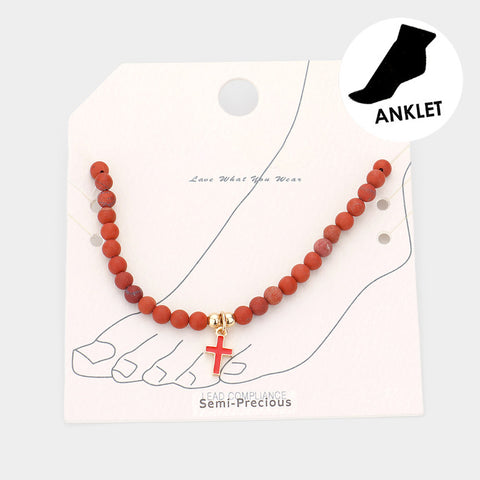 Ankle Bracelet Beaded Anklet Stone Beads Beach Enamel CROSS Charm RED Jewelry - PalmTreeSky