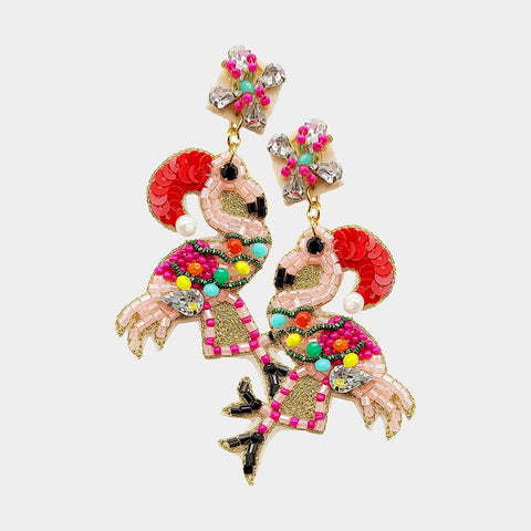 Seed Beaded Earrings Christmas Flamingo Santa Holiday Felt Back Jewelry 3.25"L - PalmTreeSky