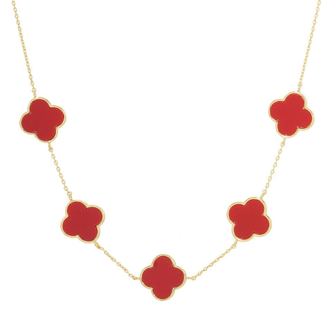 Clover Necklace Chain Link 5 Charm GOLD DIPPED RED 2439 Quatrefoil