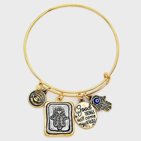 Evil Eye Bracelet Hamsa Hand Good Things Will Come Charm Bangle GOLD - PalmTreeSky