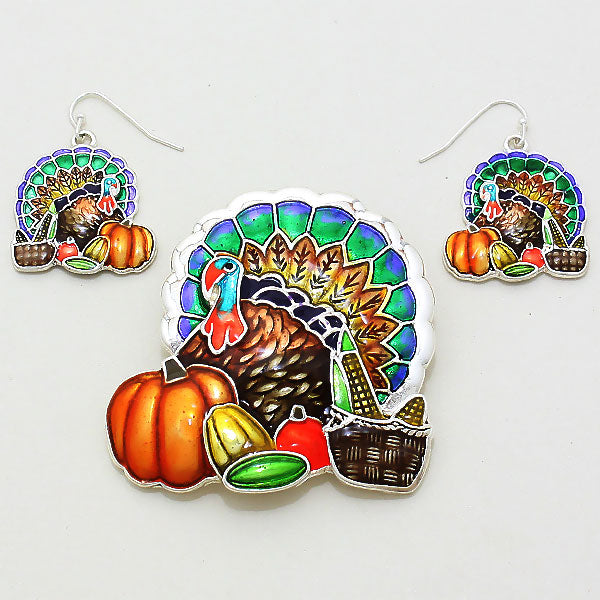 Turkey Pendant Earrings SET Cornucopia Thanksgiving Fall Holiday Jewelry GOLD - PalmTreeSky