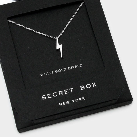 Thunderbolt Necklace Tiny Secret Gift Box WHITE GOLD DIPPED Lightening Bolt - PalmTreeSky