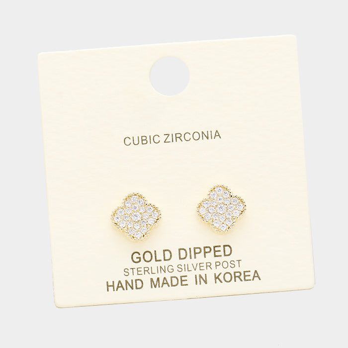 Clover Earrings Stud 0.3" Gold Dipped CZ Cubic Zirconia 4 Four Leaf Clover 1017 Quatrefoil