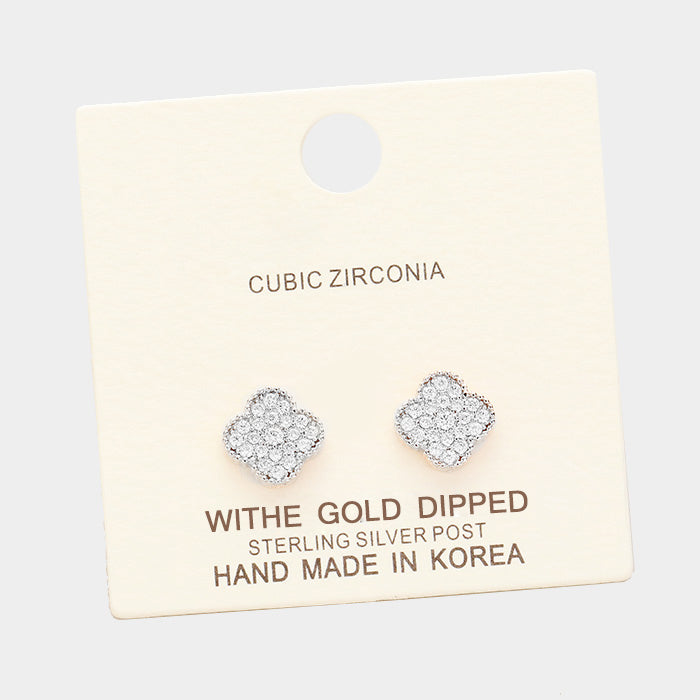 Clover Earrings Stud 0.3" White Gold Dipped CZ Cubic Zirconia 4 Four Leaf Clover 1017